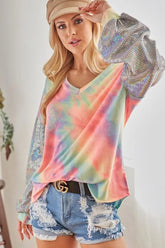 BiBi V Neck Tie Dye French Terry Top with Shiny OutfitFlow